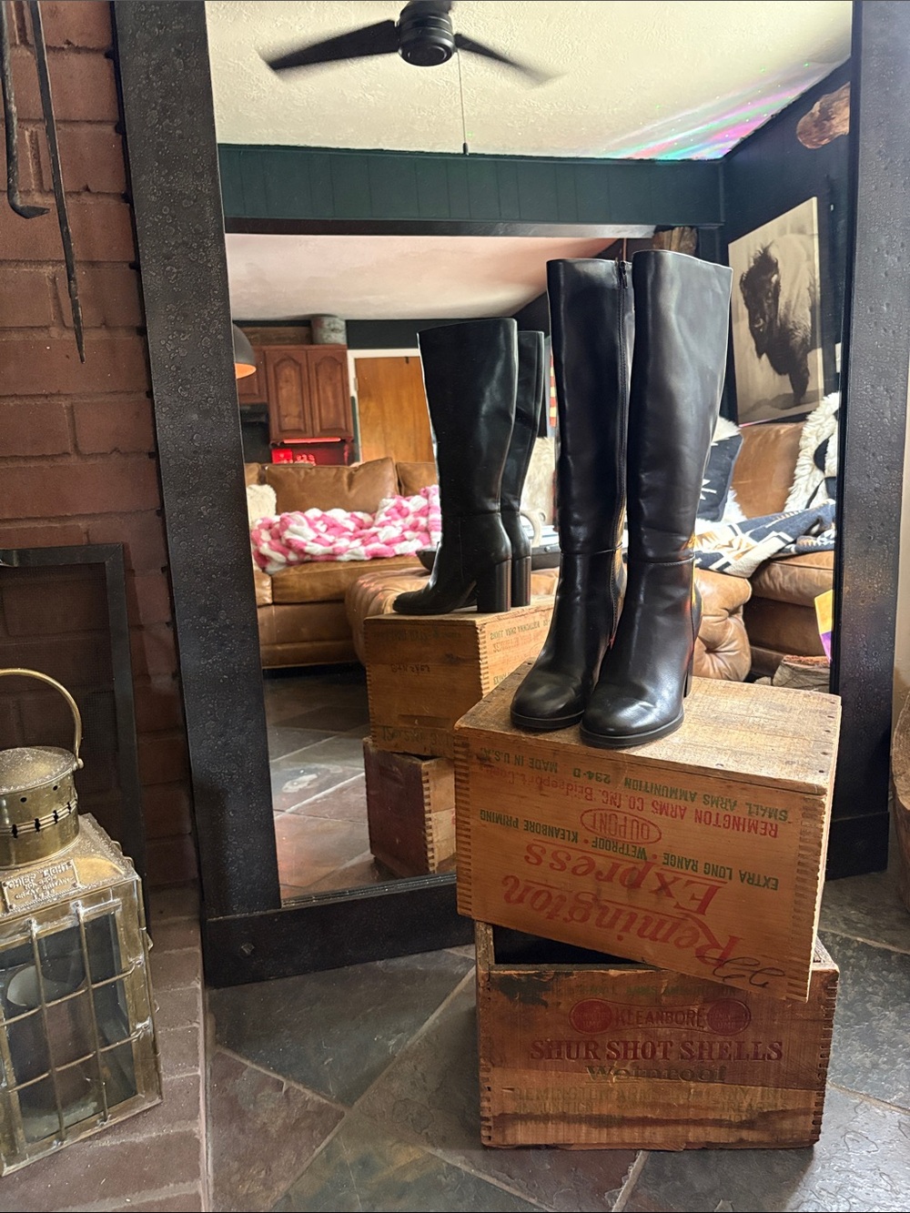 Unisa Black Leather Knee-High Heeled Boots